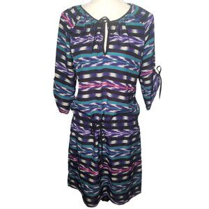 Yumi Kim Black Blue Printed Multi Pattern Drawstring Dress Tie Sleeves S…